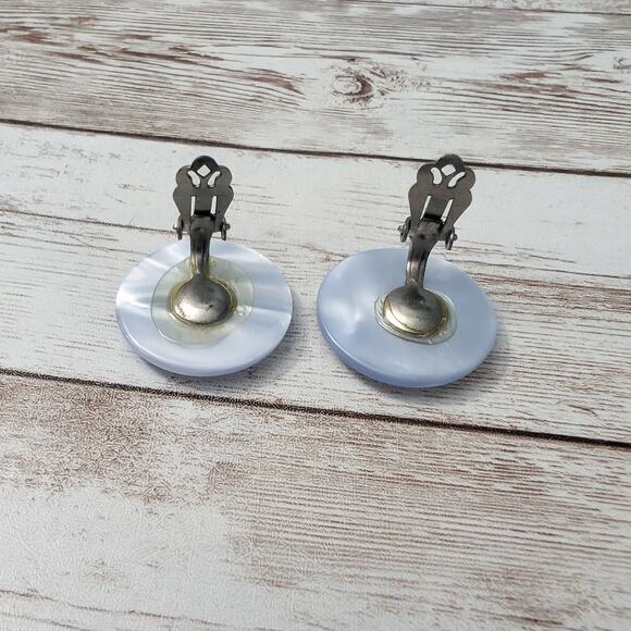 Vintage Clip On Earrings Frosty Blue Circle - Picture 6 of 8